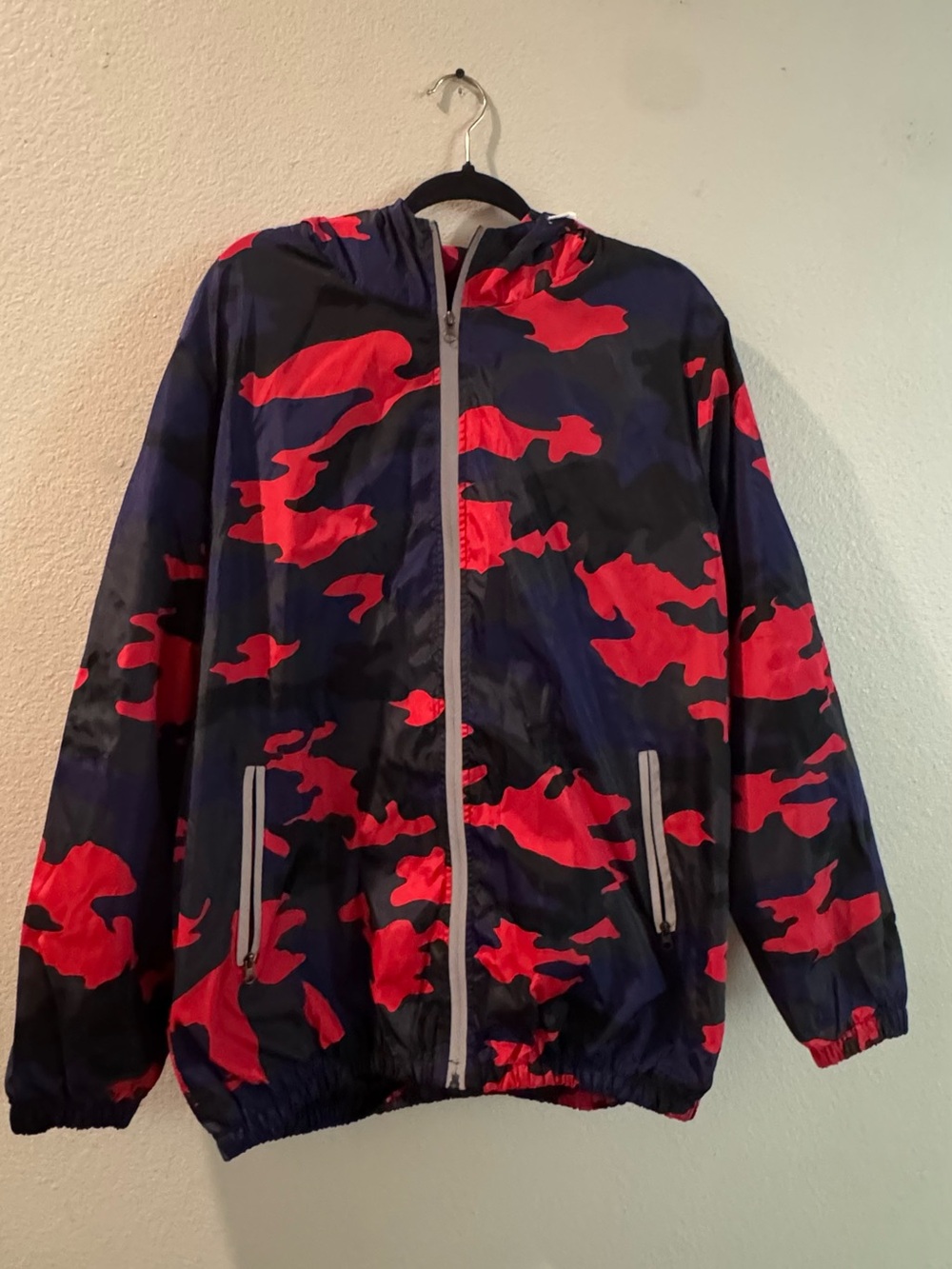 Men’s Camo Windbreaker Jacket Red Black Navy Full Zip Hooded Lightweight XL